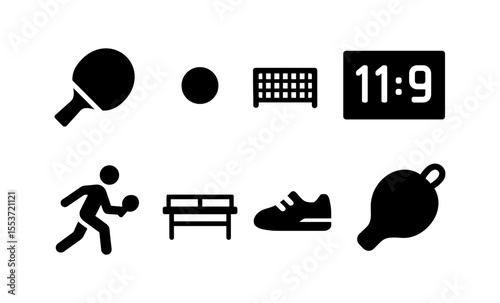 Table tennis icons: paddle, ball, net, and scoreboard silhouettes for digital design