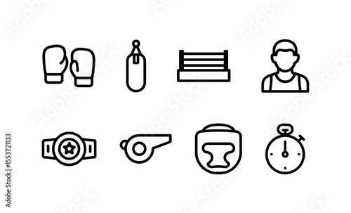 Outline icons of boxing equipment and fitness elements for training and gym