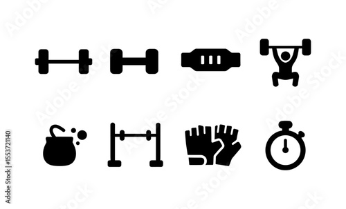 Gym fitness icons: dumbbells, weightlifting, barbell, gloves, timer
