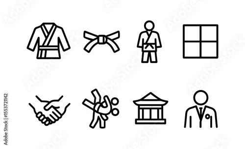 Simple martial arts line icon set featuring gi, belt, and training elements