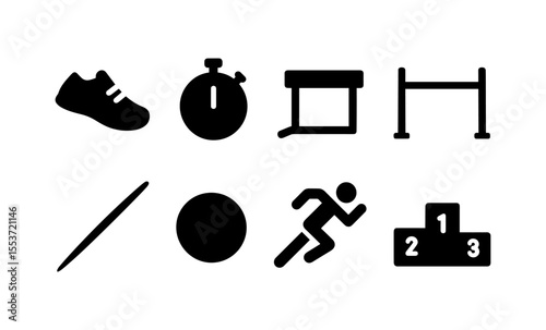 Minimalist athletics icons: running, stopwatch, hurdles and podium symbols in black and white