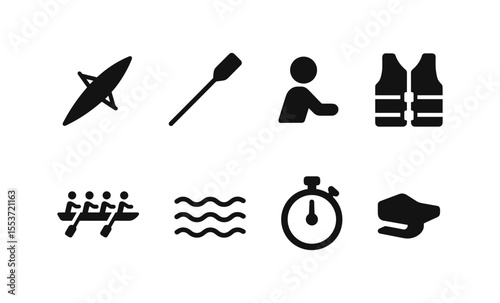 Kayaking icon set featuring paddles, rowers, and safety gear in bold black silhouettes