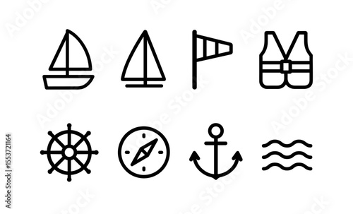 Minimalist nautical icons set featuring sailboat, anchor, compass, life vest, flag, helm, and waves