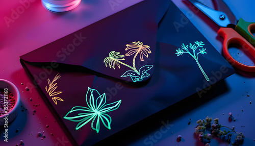 Colorful envelope featuring vibrant floral illustrations, surrounded by crafting tools and decorative elements, showcasing creativity and artistic expression in a cozy workspace