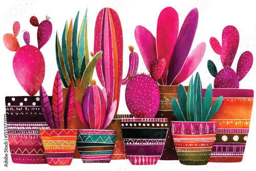 Vibrant potted cacti and succulents in colorful decorative pots