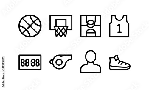 Minimalist basketball icons: ball, court, jersey, scoreboard, and more