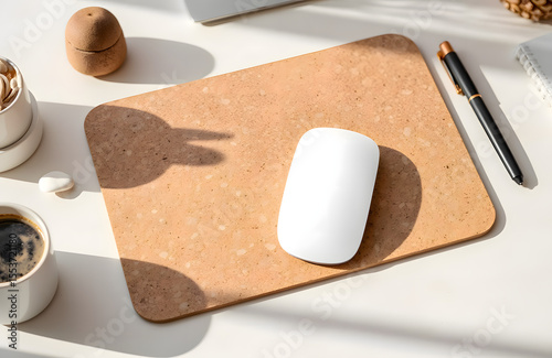 Minimalist workspace featuring a white computer mouse on a cork mouse pad, surrounded by coffee cup, pen, and decorative items, creating a serene and productive environment
