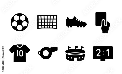 Set of soccer icons: ball, goal, shoe, card, jersey, whistle, stadium, scoreboard