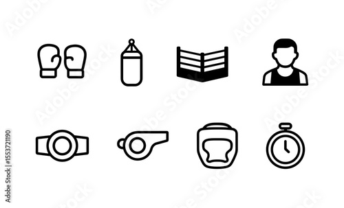 Minimalist boxing icons: gloves, punching bag, ring, boxer, timer, whistle, helmet