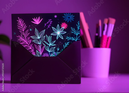 Colorful floral illustration on a greeting card inside a black envelope, placed on a desk with vibrant stationery and a soft purple background, creating a cheerful ambiance for correspondence