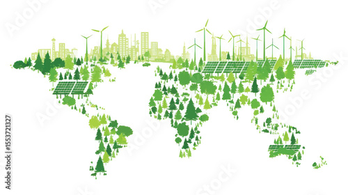 World map made of trees, solar panels, and windmills representing green energy