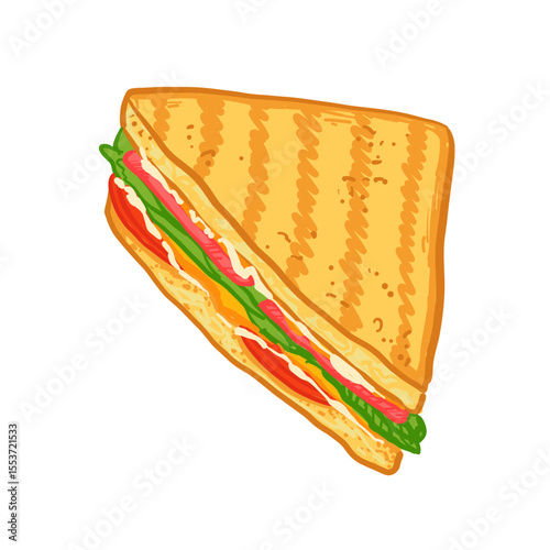 Hand-drawn grilled sandwich filled with cheese, fresh lettuce, tomatoes, and ham. Colorful vector fast food illustration