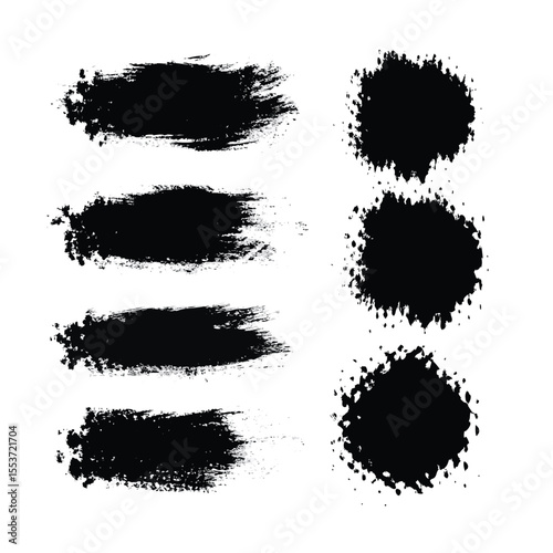 Black brush strokes and blotches on a white background for graphic design projects.