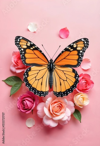 Butterfly Perched on Soft Pink Floral Background