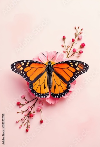 Butterfly Perched on Soft Pink Floral Background