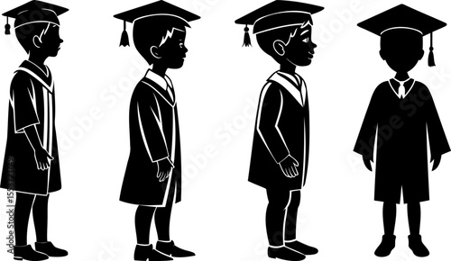 Four silhouettes of children celebrating graduation wearing graduation gowns and caps