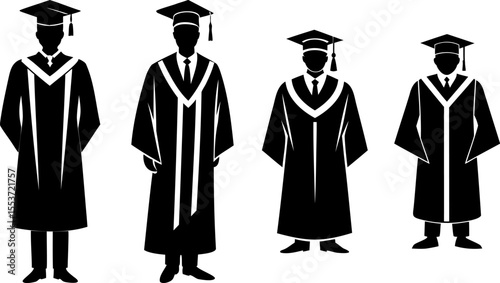 Graduation Gowns and Caps Pictogram Collection Black and White Isolated Silhouettes