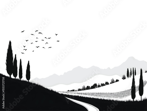 Black and white drawing of a rural Tuscan landscape with vineyard