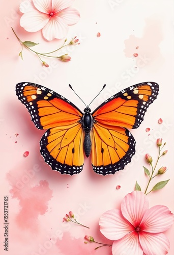 Butterfly Perched on Soft Pink Floral Background