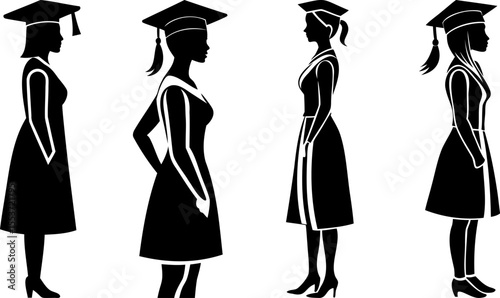 Silhouetted Graduation Portraits of Female Students in Academic Gowns and Mortarboard Hats