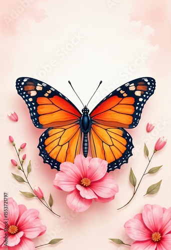 Butterfly Perched on Soft Pink Floral Background