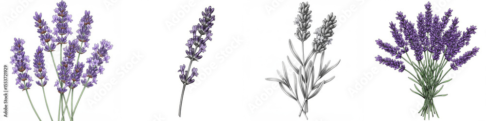 Obraz premium Lavender Botanical Illustrations Set - A collection of four lavender illustrations, showcasing different artistic styles and arrangements. Symbolizing purity, serenity, calmness, fragrance, and nature