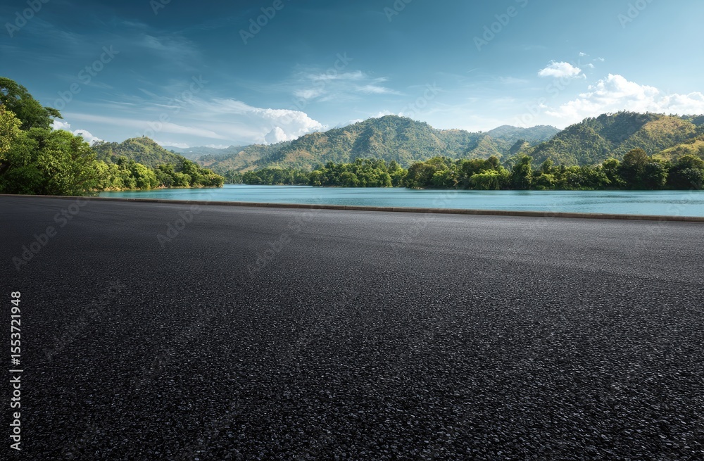 Fototapeta premium Asphalt track by a river with mountains and trees