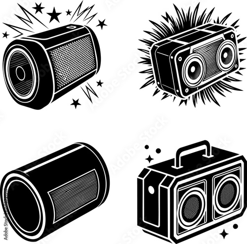 Four unique variations of portable stereo speakers in black and white images