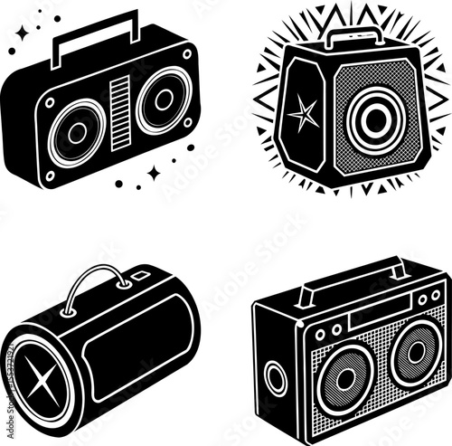 A collection of vintage boomboxes in black and white illustration style