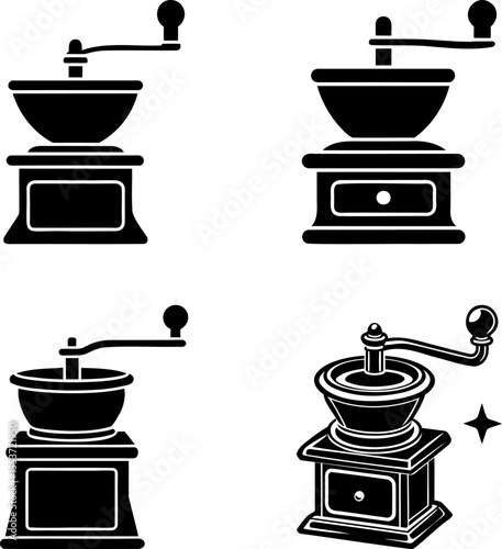 Four different vector illustrations of vintage manual coffee grinders in black and white