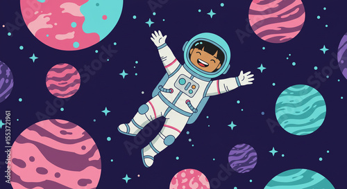 Flat vector illustration of a whimsical astronaut with playful mood floating among colorful planets and tiny stars in outer space background