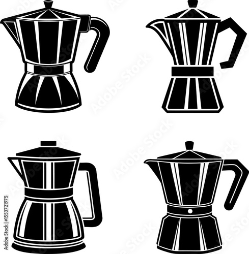 Four variations of a black and white Italian stovetop espresso maker
