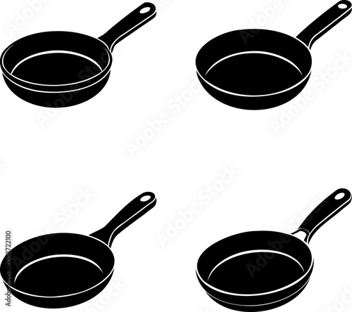 Four black and white vector drawings of metal non stick cooking pans
