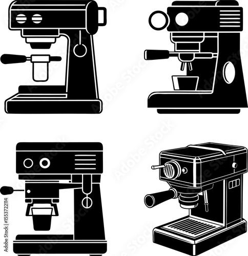 Black and White Espresso Machine Silhouettes of Different Style and Design