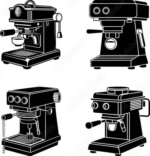 Four stylistic coffee machine silhouettes in black and white vector graphic