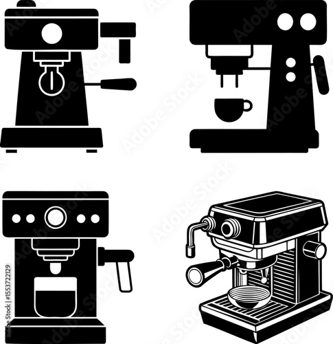 Four coffee makers of different designs in a vector graphic art