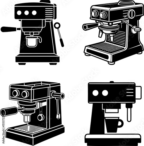 Four different espresso machines rendered in a simplistic black and white style