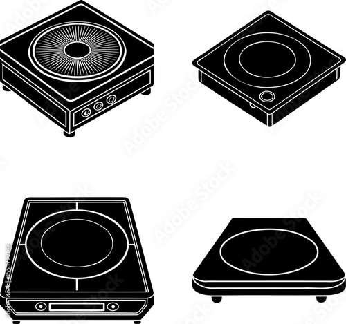 Four Single Burner Induction Cooktops in Black and White Isometric Illustration