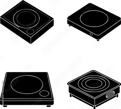 Isometric view of four black induction cooktops or portable burners illustration