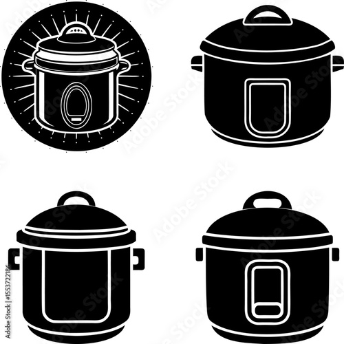 Black and white illustration of four different types of rice cookers