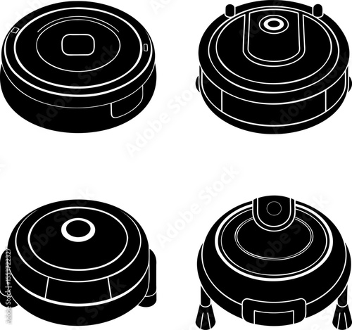 Four different styles of robotic vacuum cleaners shown in black and white