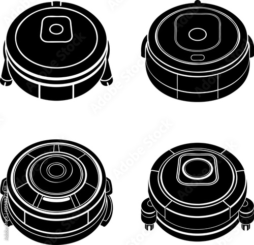 Four robot vacuum cleaners in a black and white vector illustration