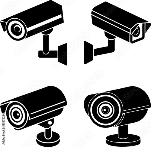 Isometric Black and White Security Cameras in a Vector Illustration Style