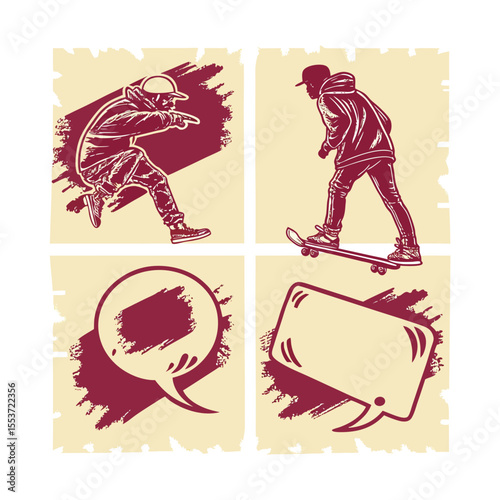 Skateboarder in Action Vector Art with Speech Bubbles, Youth Culture Design Elements