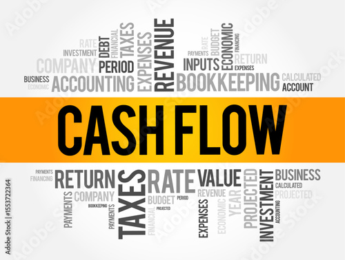 Cash Flow - measurement of the amount of cash that comes into and out of your business in a particular period of time, word cloud concept background
