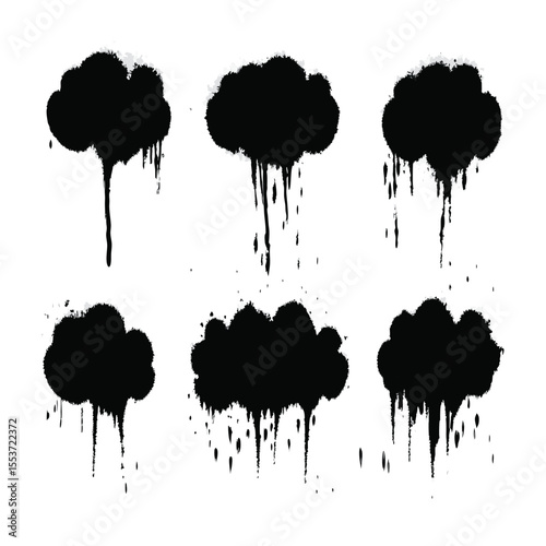 Spray Paint Clouds: Grunge Black Weather Elements with Dripping Paint for Graphic Design