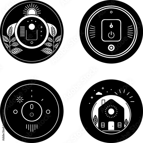 Collection of minimalist icons representing nature, power, settings, and home