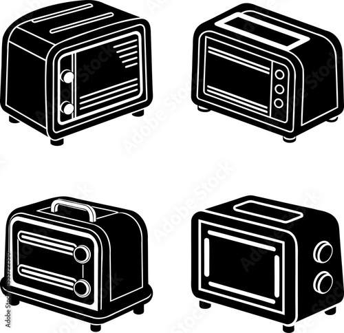 A collection of retro style black and white toaster oven illustrations