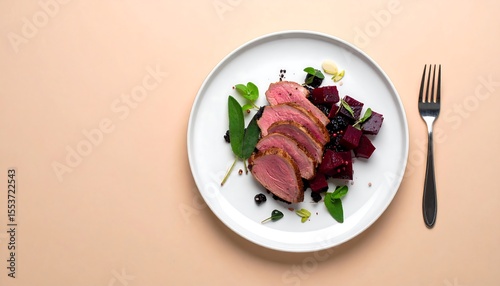 Fototapeta Naklejka Na Ścianę i Meble -  Seared Duck Breast Dish with Beet Cubes and Mint Garnish on White Plate