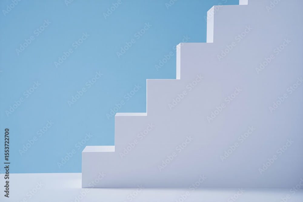 Fototapeta premium Minimalist white staircase ascending against a soft blue background with copy space